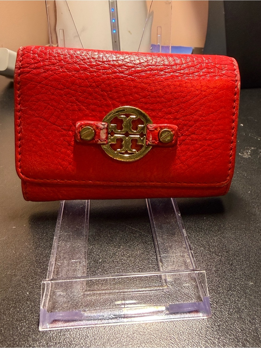 Tory Burch Red Pebbled Leather Logo Card Holder
